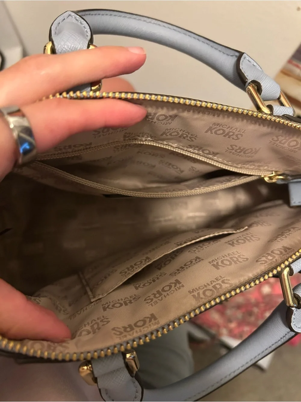 Michael Kors Powder Blue Saffiano Leather Dome Satchel with Gold Hardware